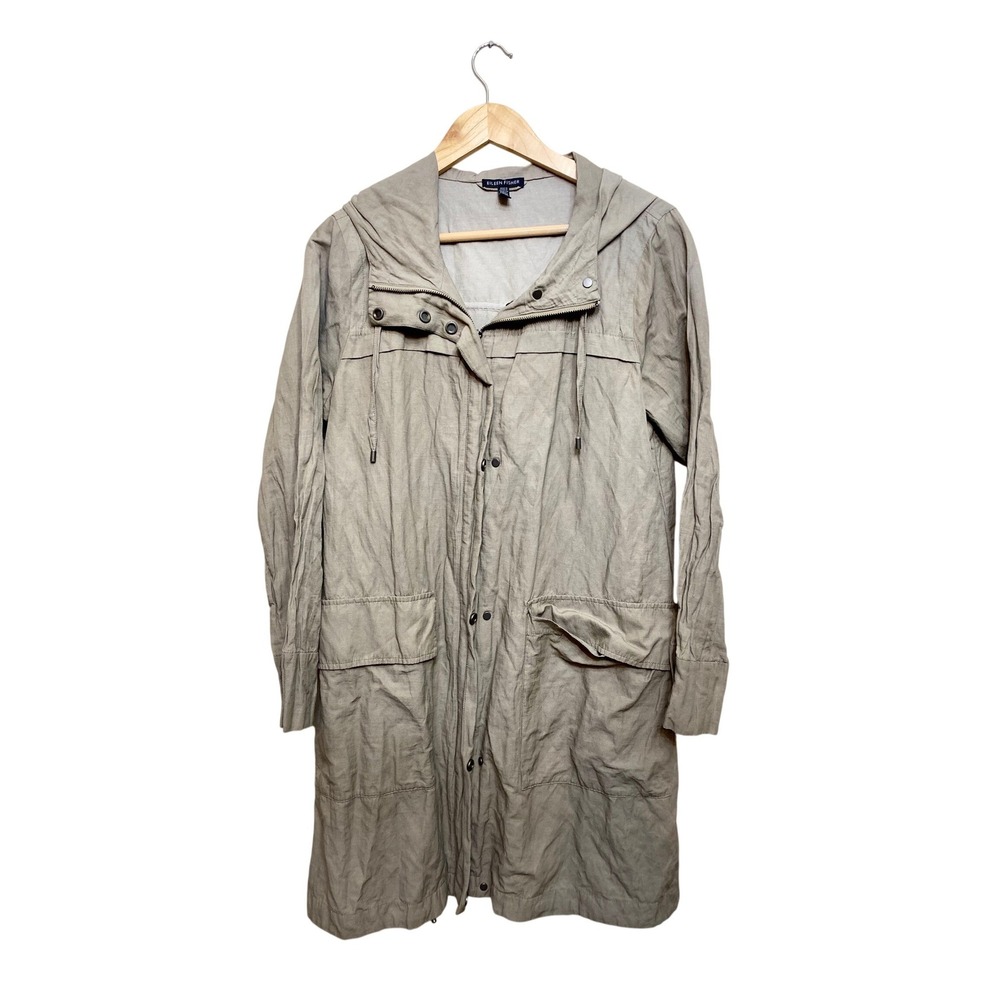 Eileen Fisher Organic Cotton Nylon Hooded Parka Jacket Taupe S/P F5CWL